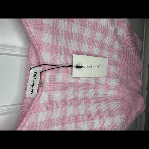 Sugar Lips Barbie Pink and White Checkered Gingham Knit Crop Tank Top - Picture 3 of 5